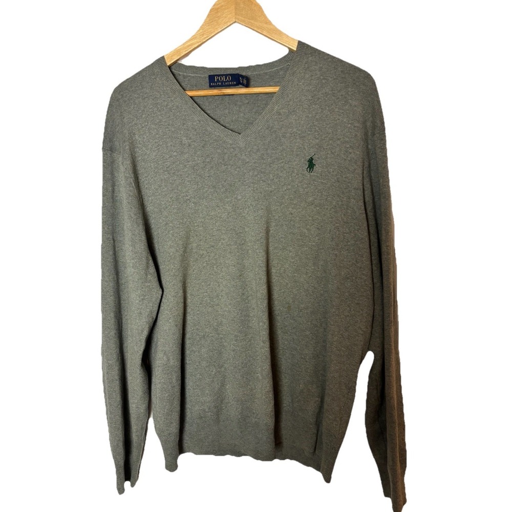 Polo Ralph Lauren V Neck Sweater Men's Size XL Gray Pima Cotton Green Pony EUC